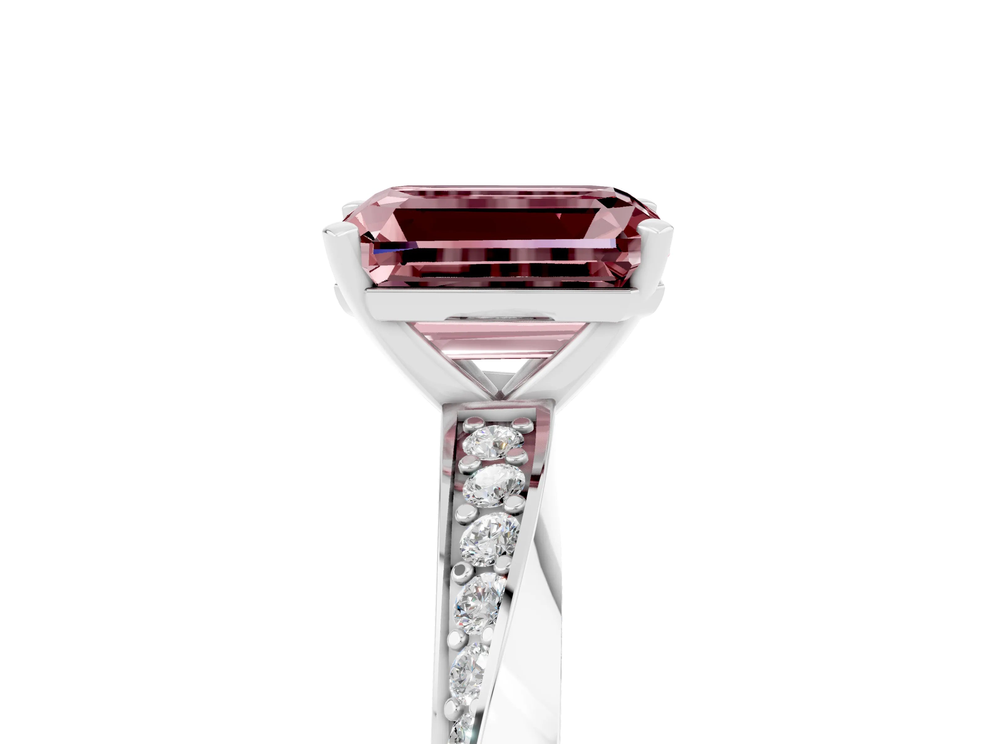 White gold Emerald Cut Morganite Engagement Ring with Side Stone Accents and Four-Prong Setting_32