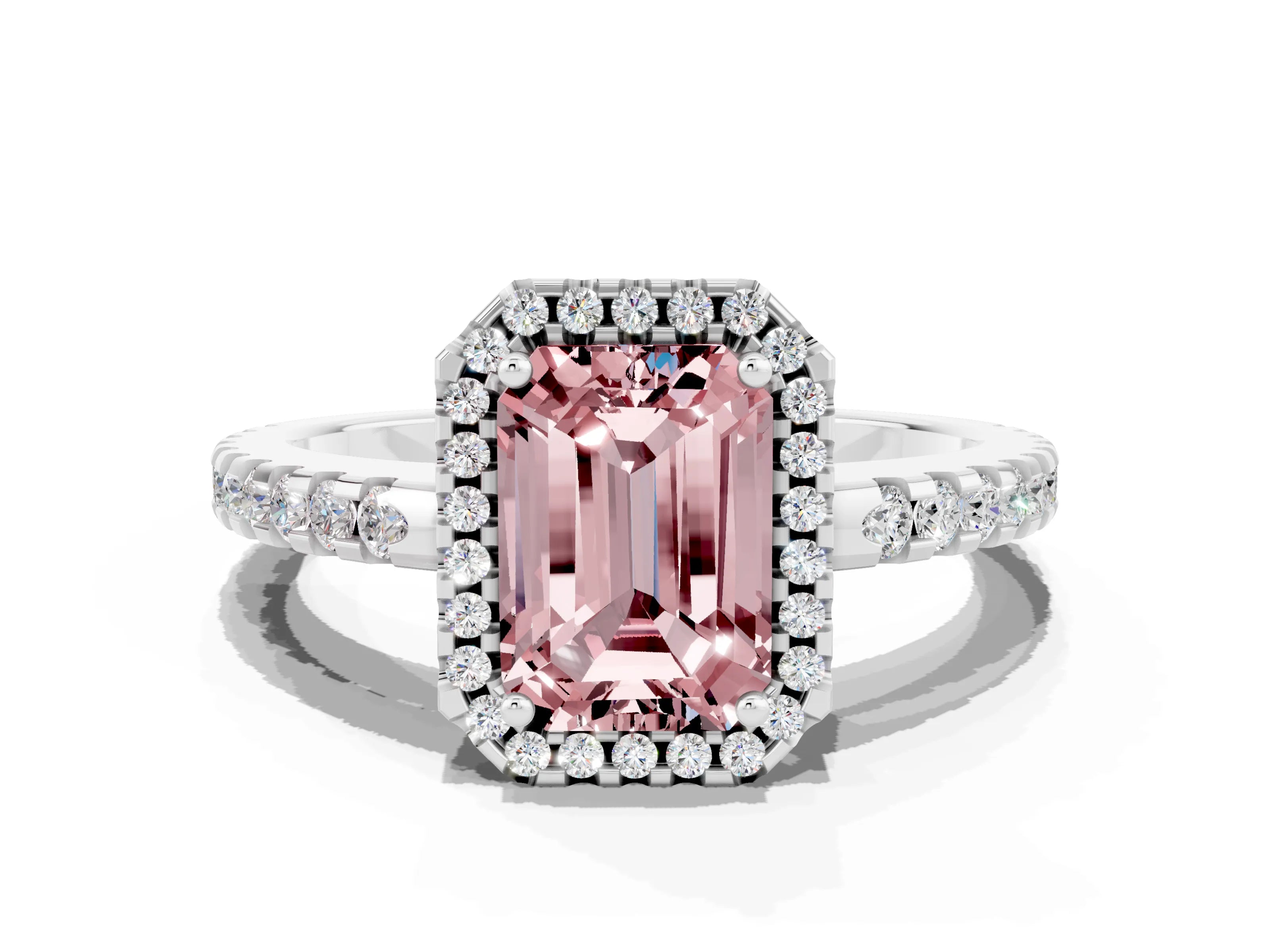 White gold Emerald Cut Morganite Halo Engagement Ring with Pavé Band and Prong Setting_12
