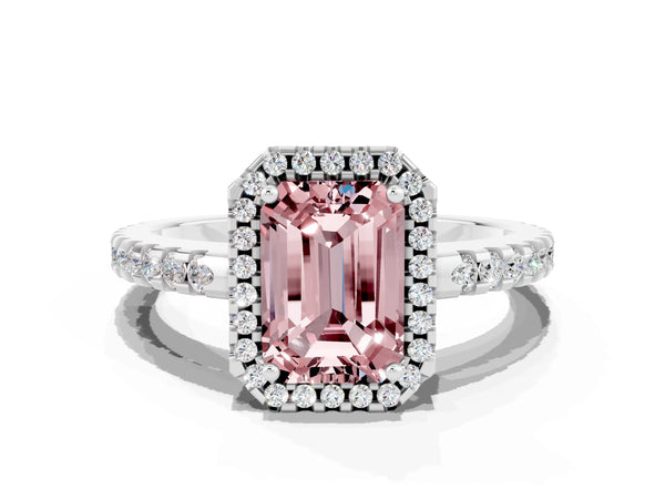 Silver Emerald Cut Morganite Halo Engagement Ring with Pavé Band and Prong Setting
