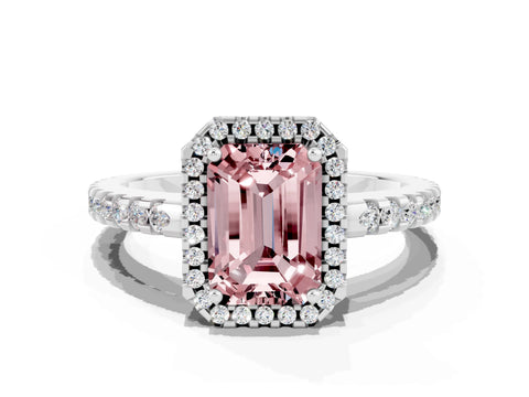 White gold Emerald Cut Morganite Halo Engagement Ring with Pavé Band and Prong Setting_12