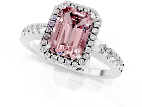 White gold Emerald Cut Morganite Halo Engagement Ring with Pavé Band and Prong Setting_13