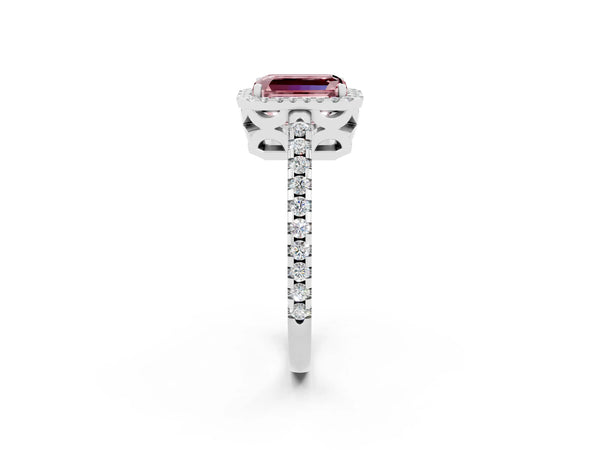 Silver Emerald Cut Morganite Halo Engagement Ring with Pavé Band and Prong Setting