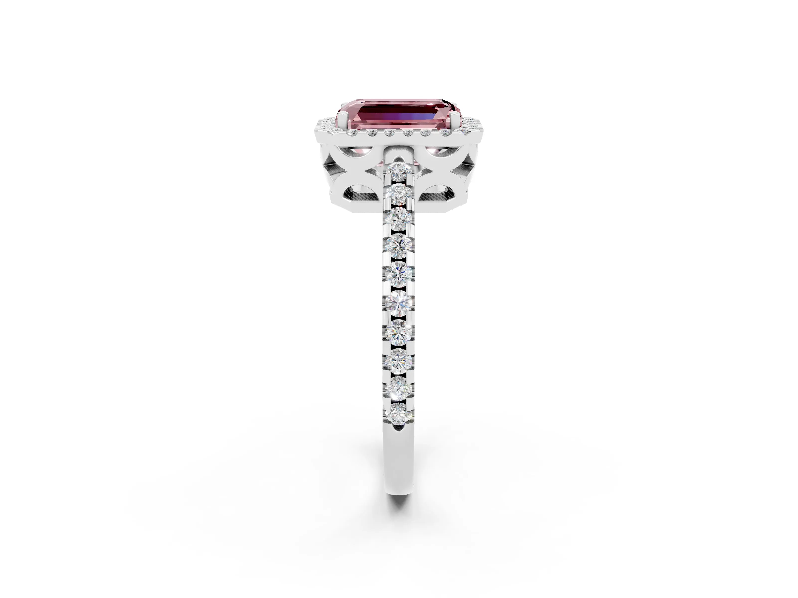 White gold Emerald Cut Morganite Halo Engagement Ring with Pavé Band and Prong Setting_14