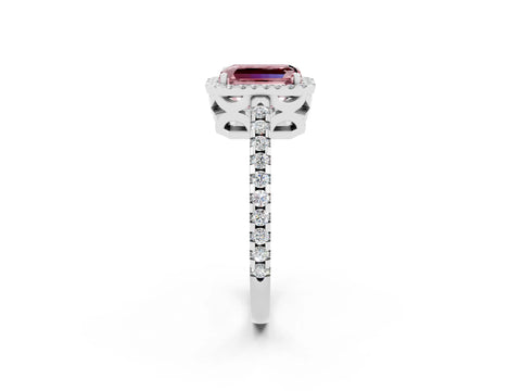 White gold Emerald Cut Morganite Halo Engagement Ring with Pavé Band and Prong Setting_14