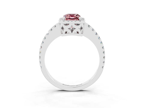 White gold Emerald Cut Morganite Halo Engagement Ring with Pavé Band and Prong Setting_15
