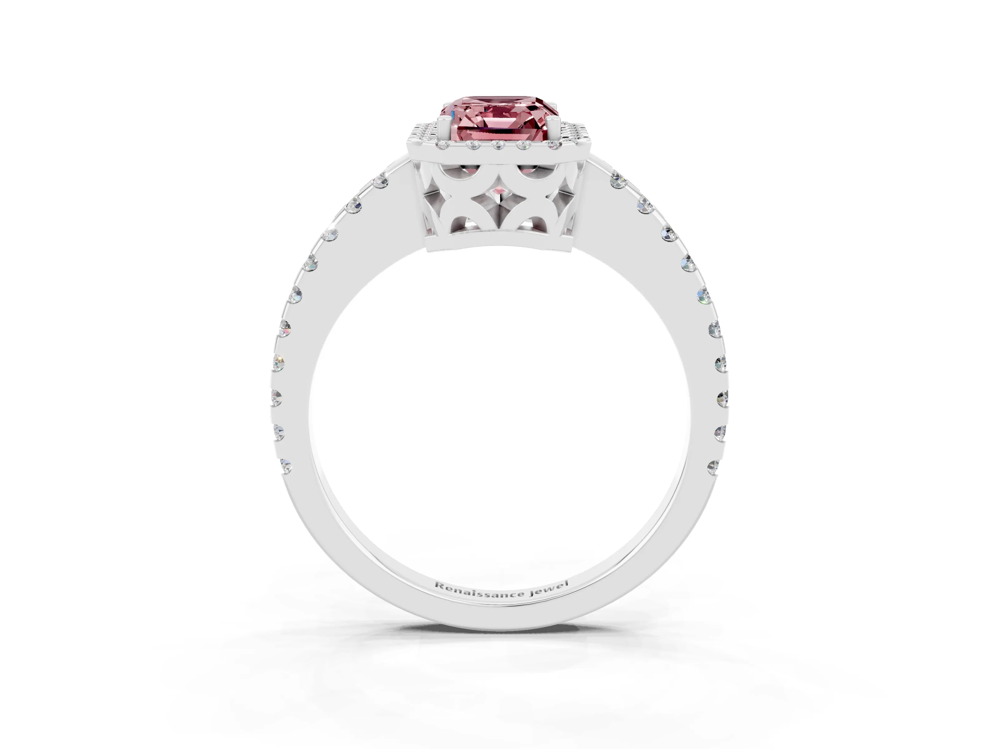 White gold Emerald Cut Morganite Halo Engagement Ring with Pavé Band and Prong Setting_15