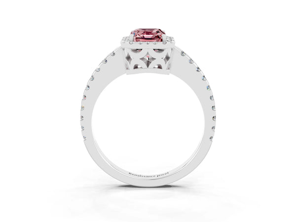 White gold Emerald Cut Morganite Halo Engagement Ring with Pavé Band and Prong Setting