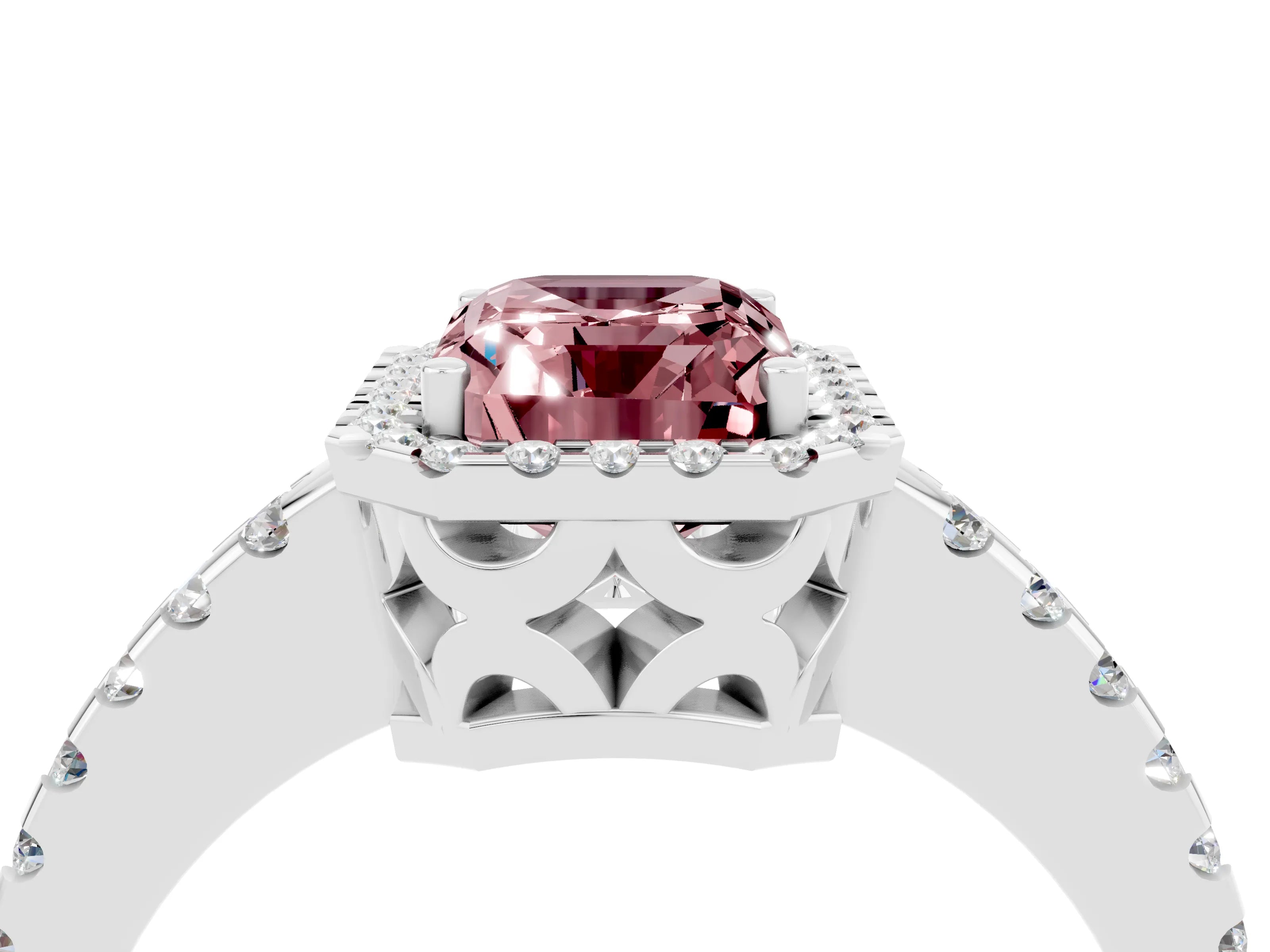 White gold Emerald Cut Morganite Halo Engagement Ring with Pavé Band and Prong Setting_16