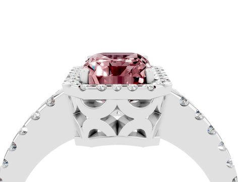 White gold Emerald Cut Morganite Halo Engagement Ring with Pavé Band and Prong Setting_16