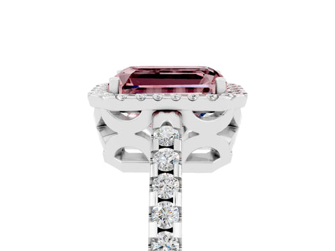 White gold Emerald Cut Morganite Halo Engagement Ring with Pavé Band and Prong Setting_17