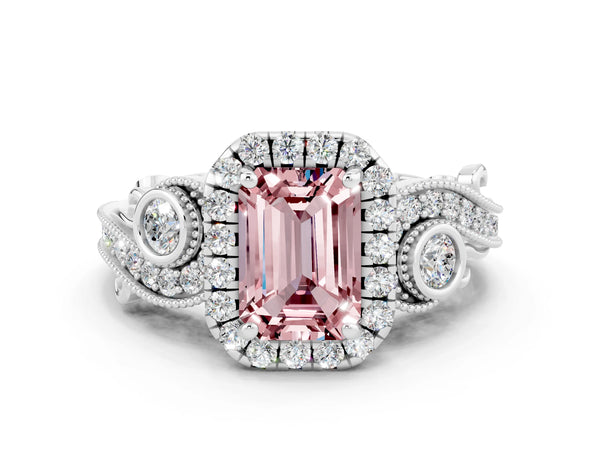 Platinum Emerald Cut Morganite Halo Ring with Milgrain Pavé Band and Four-Prong Setting