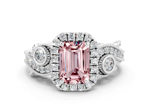 White gold Emerald Cut Morganite Halo Ring with Milgrain Pavé Band and Four-Prong Setting_12