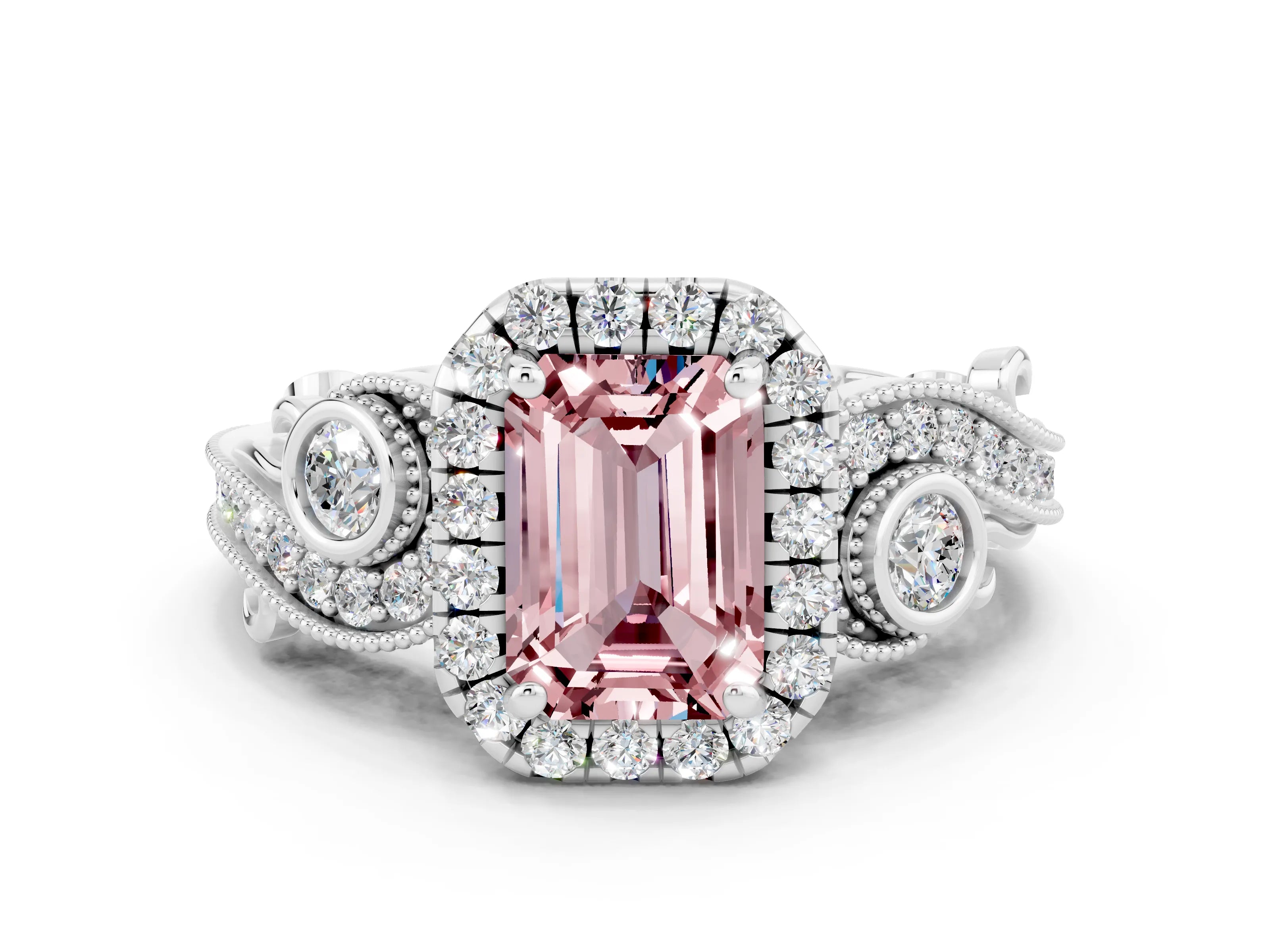White gold Emerald Cut Morganite Halo Ring with Milgrain Pavé Band and Four-Prong Setting_12