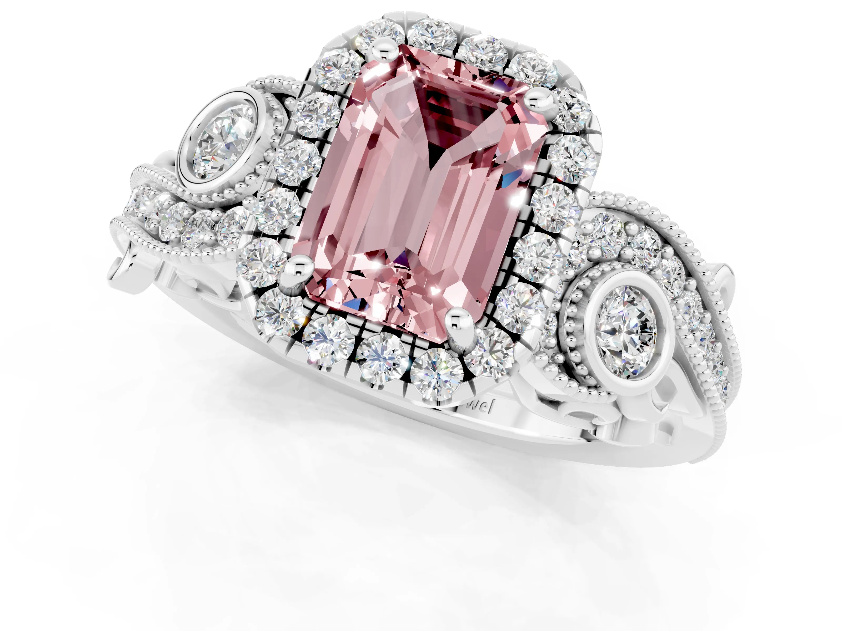 White gold Emerald Cut Morganite Halo Ring with Milgrain Pavé Band and Four-Prong Setting_13