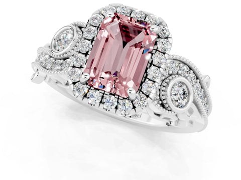White gold Emerald Cut Morganite Halo Ring with Milgrain Pavé Band and Four-Prong Setting_13