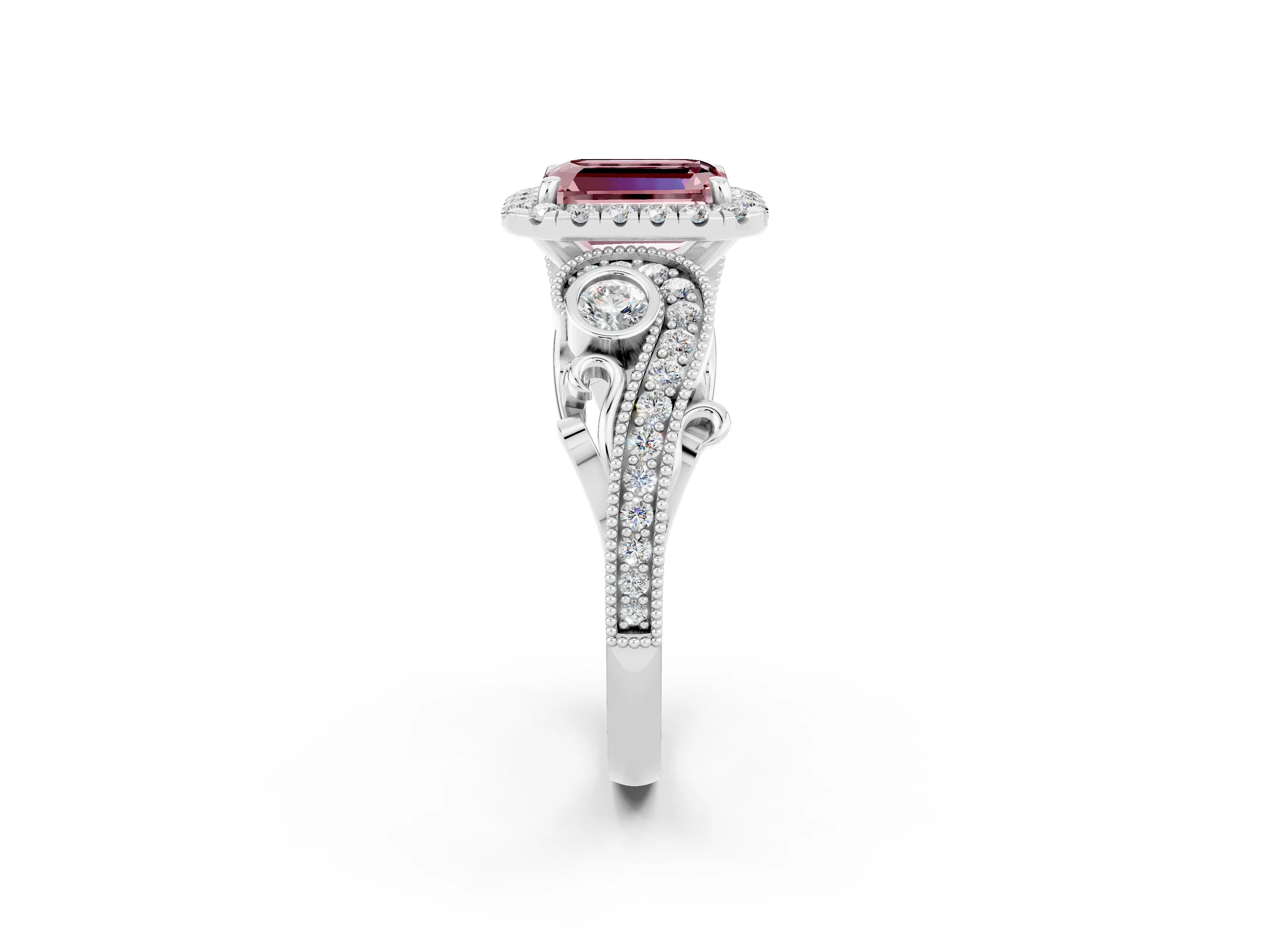 White gold Emerald Cut Morganite Halo Ring with Milgrain Pavé Band and Four-Prong Setting_14