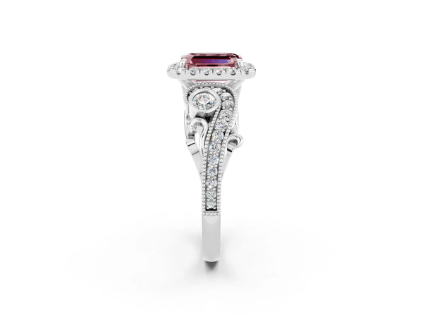 Silver Emerald Cut Morganite Halo Ring with Milgrain Pavé Band and Four-Prong Setting