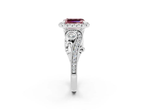 White gold Emerald Cut Morganite Halo Ring with Milgrain Pavé Band and Four-Prong Setting_14
