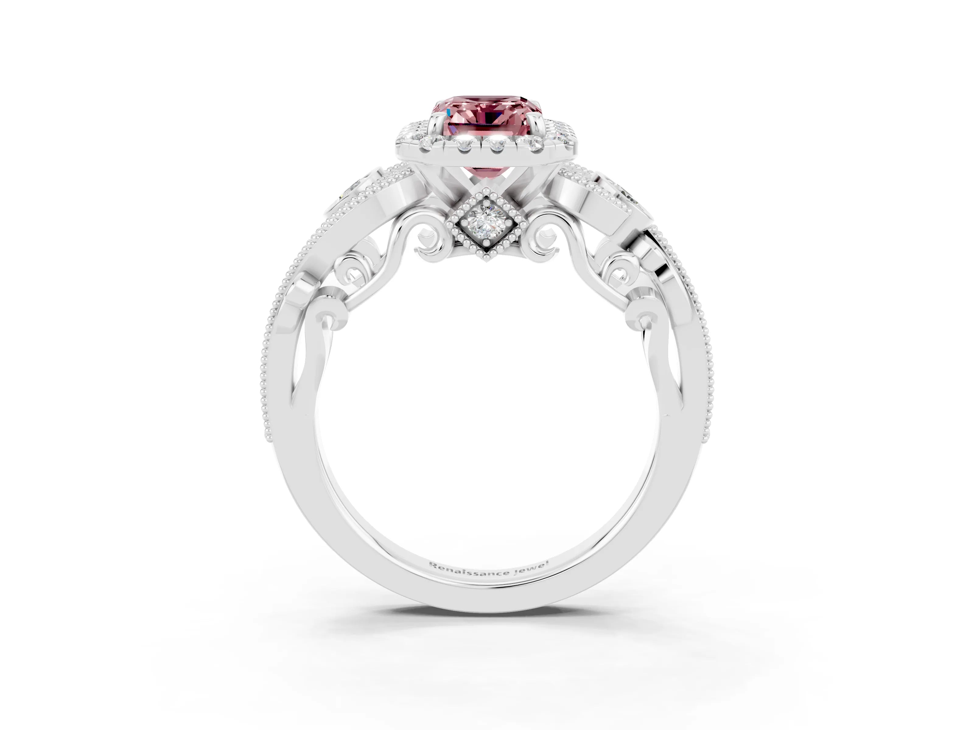 White gold Emerald Cut Morganite Halo Ring with Milgrain Pavé Band and Four-Prong Setting_15