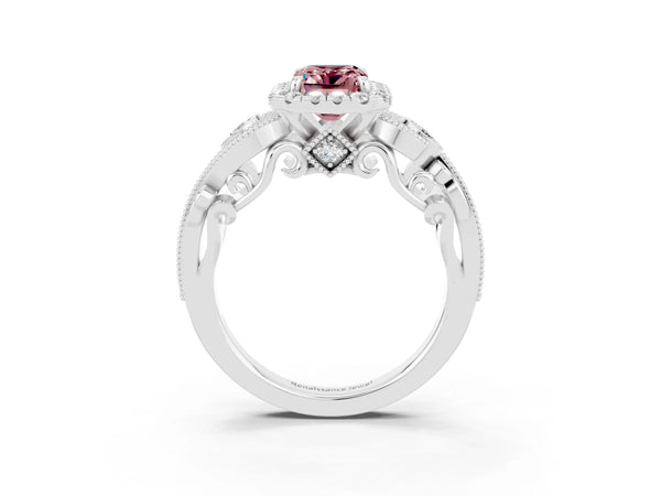 Platinum Emerald Cut Morganite Halo Ring with Milgrain Pavé Band and Four-Prong Setting