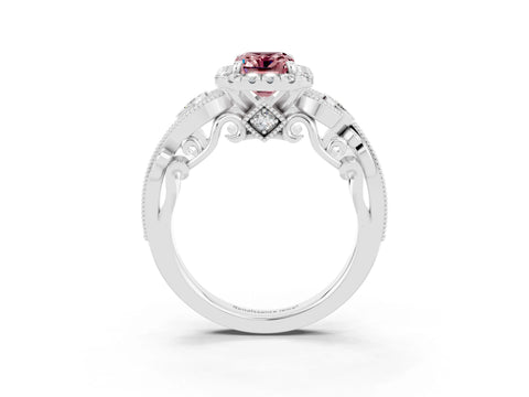 White gold Emerald Cut Morganite Halo Ring with Milgrain Pavé Band and Four-Prong Setting_15
