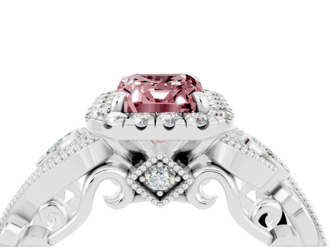 White gold Emerald Cut Morganite Halo Ring with Milgrain Pavé Band and Four-Prong Setting_16
