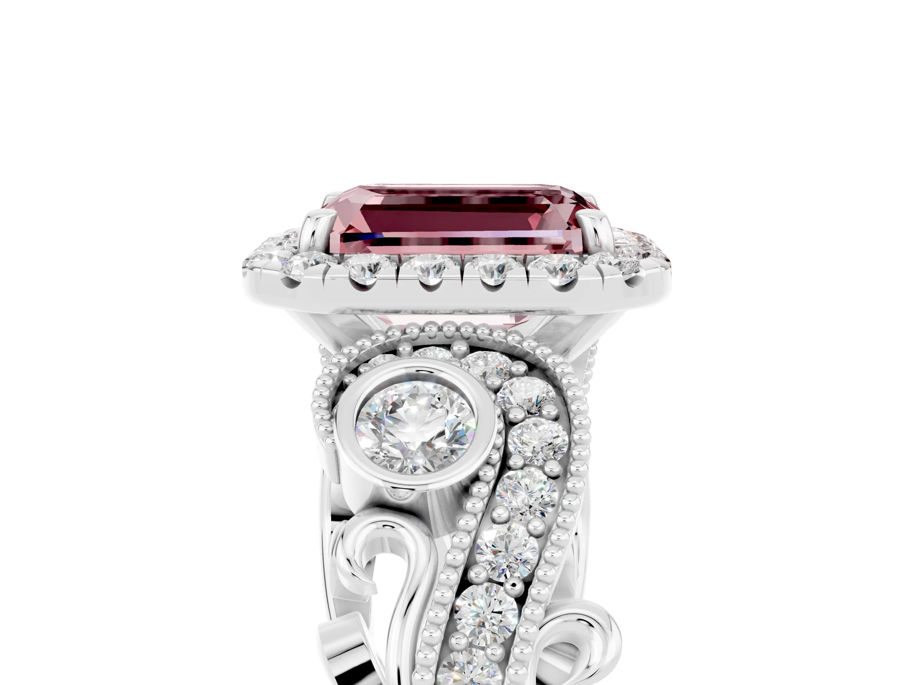 White gold Emerald Cut Morganite Halo Ring with Milgrain Pavé Band and Four-Prong Setting_17