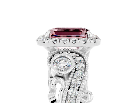 White gold Emerald Cut Morganite Halo Ring with Milgrain Pavé Band and Four-Prong Setting_17