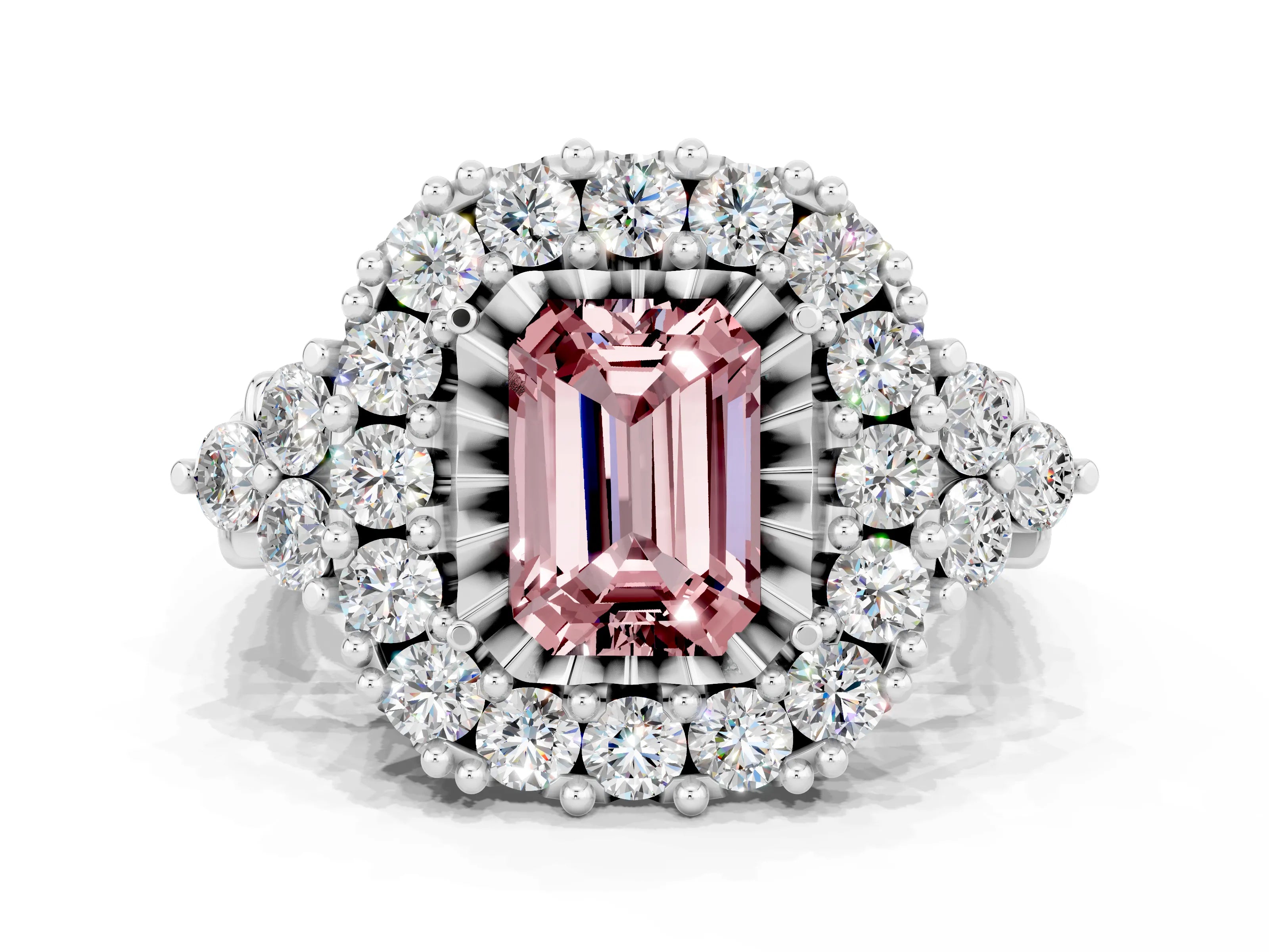 White gold Emerald Cut Morganite Halo Ring with Pavé Band and Four-Prong Setting_12