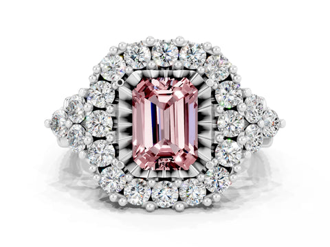 White gold Emerald Cut Morganite Halo Ring with Pavé Band and Four-Prong Setting_12