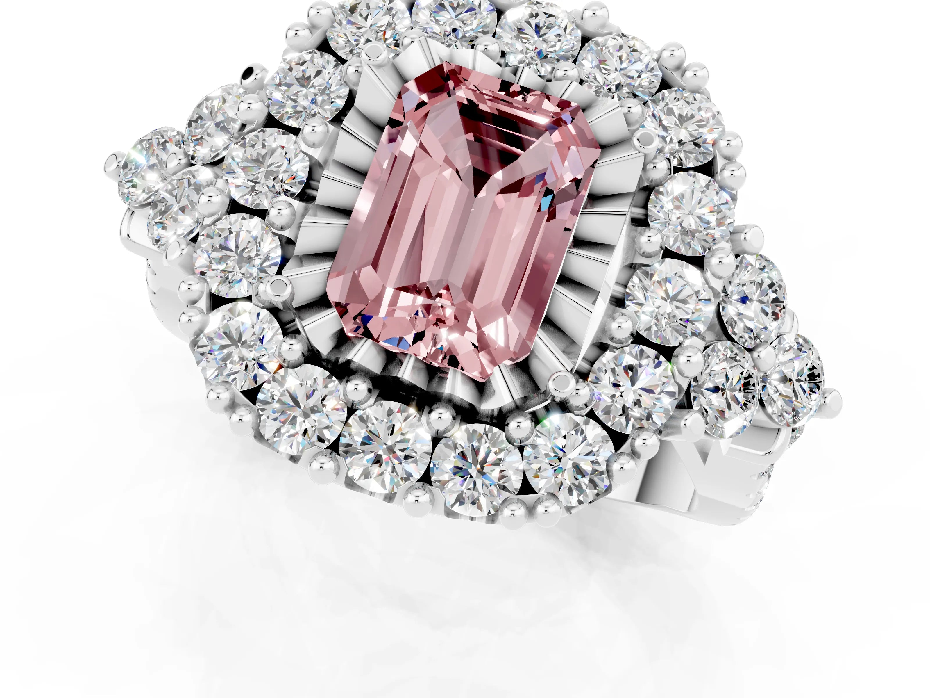 White gold Emerald Cut Morganite Halo Ring with Pavé Band and Four-Prong Setting_13