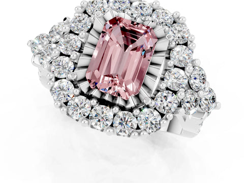 White gold Emerald Cut Morganite Halo Ring with Pavé Band and Four-Prong Setting_13