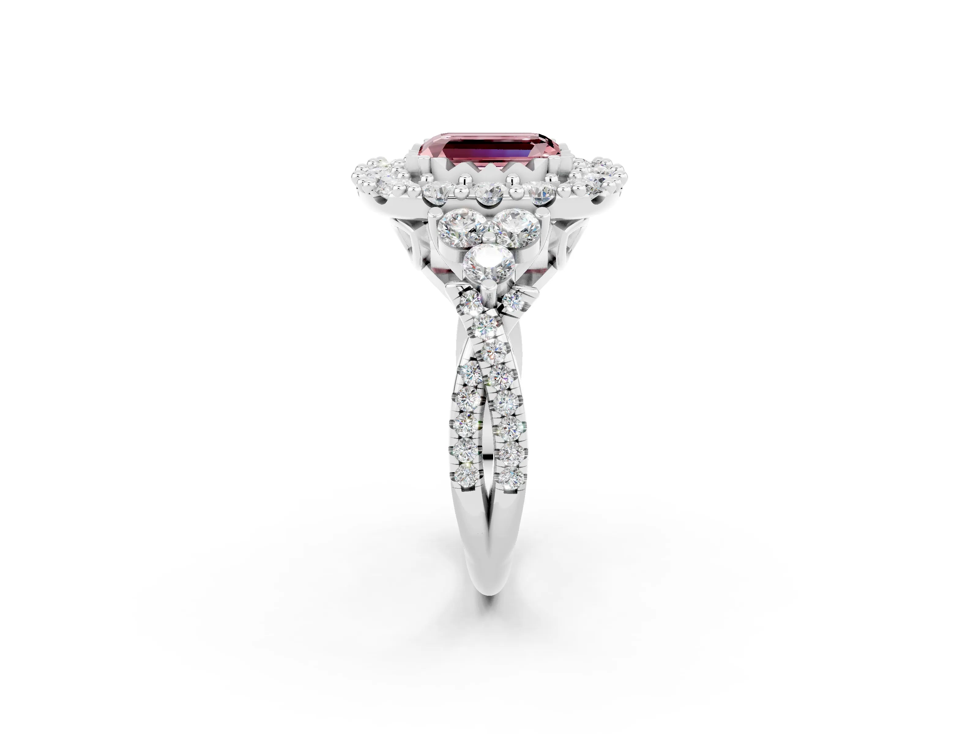 White gold Emerald Cut Morganite Halo Ring with Pavé Band and Four-Prong Setting_14