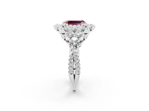 White gold Emerald Cut Morganite Halo Ring with Pavé Band and Four-Prong Setting_14