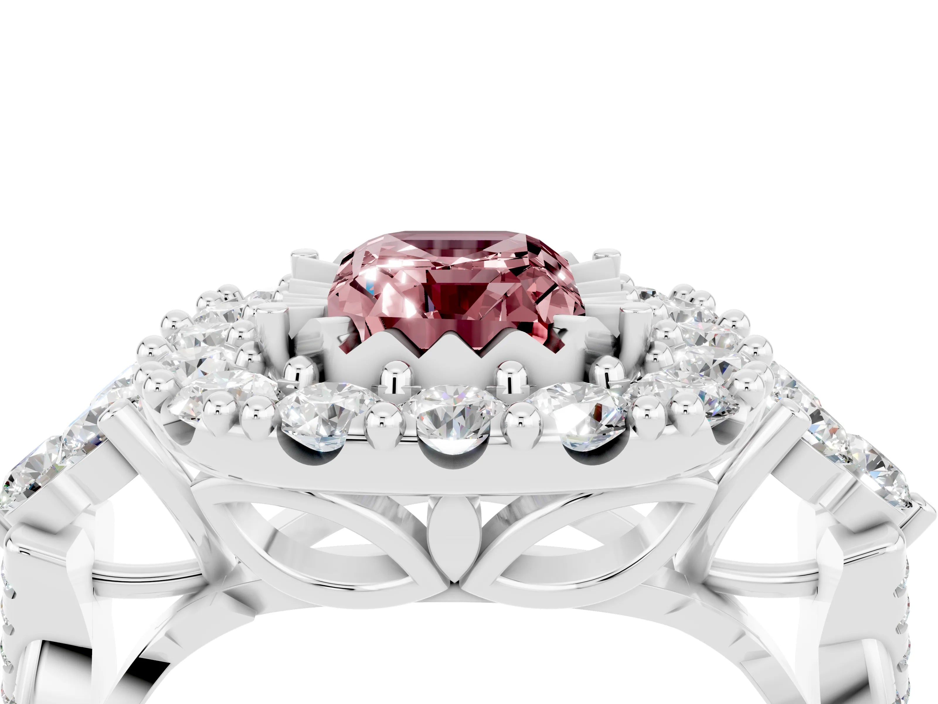 White gold Emerald Cut Morganite Halo Ring with Pavé Band and Four-Prong Setting_16