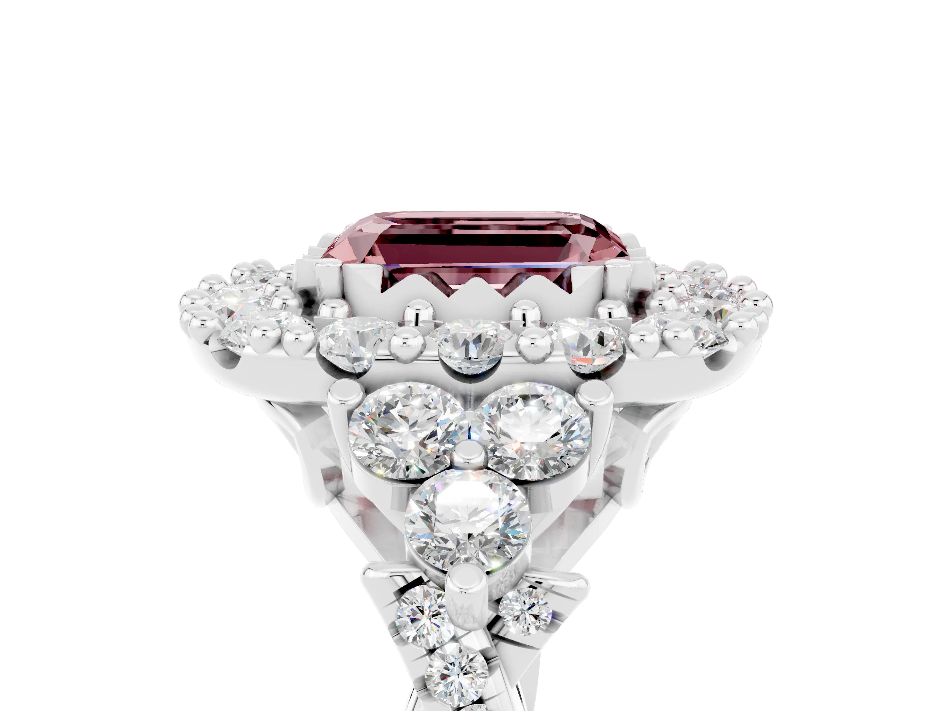 White gold Emerald Cut Morganite Halo Ring with Pavé Band and Four-Prong Setting_17