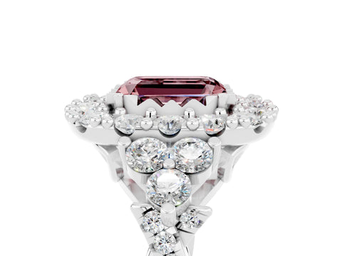 White gold Emerald Cut Morganite Halo Ring with Pavé Band and Four-Prong Setting_17