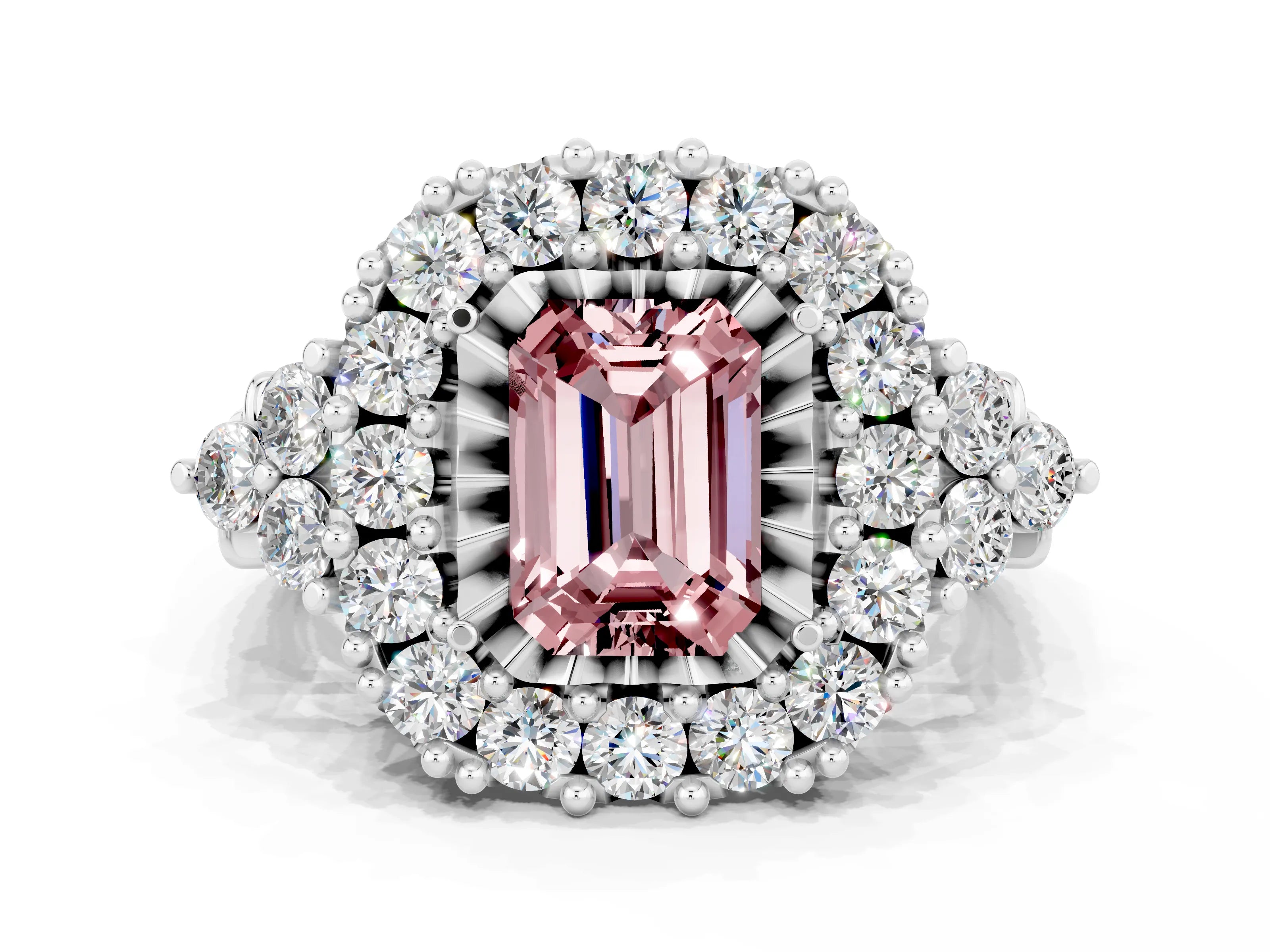 White gold Emerald Cut Morganite Halo Ring with Pavé Band and Four-Prong Setting_18