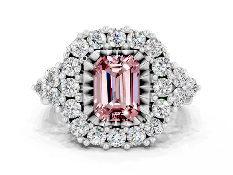 White gold Emerald Cut Morganite Halo Ring with Pavé Band and Four-Prong Setting_18