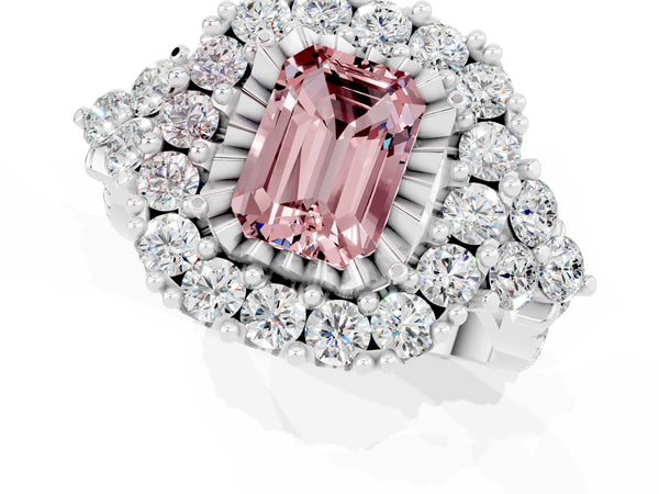 Silver Emerald Cut Morganite Halo Ring with Pavé Band and Four-Prong Setting