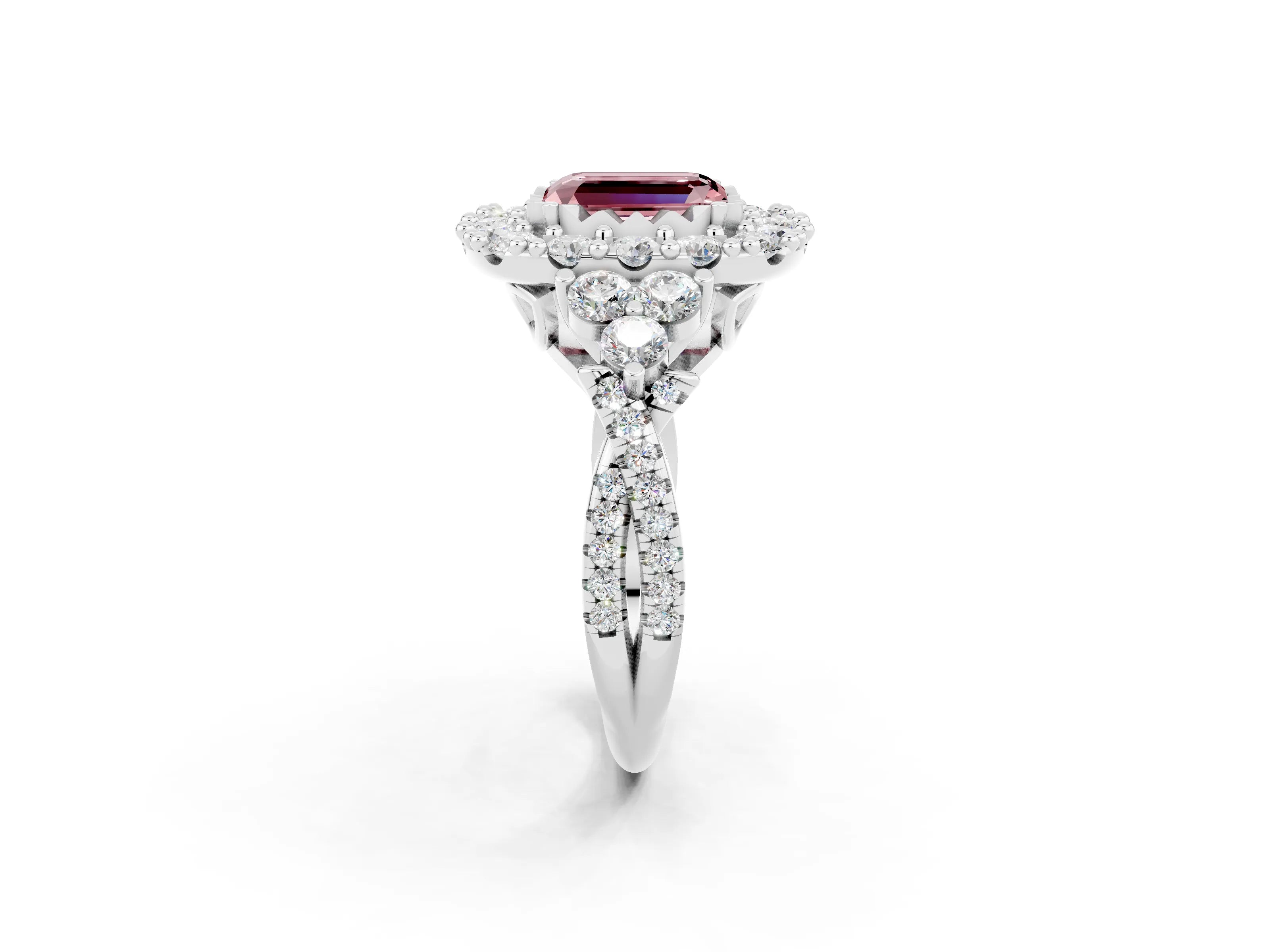 White gold Emerald Cut Morganite Halo Ring with Pavé Band and Four-Prong Setting_20