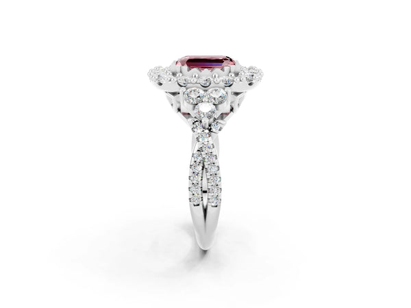 Silver Emerald Cut Morganite Halo Ring with Pavé Band and Four-Prong Setting