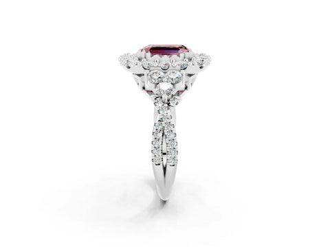 White gold Emerald Cut Morganite Halo Ring with Pavé Band and Four-Prong Setting_20