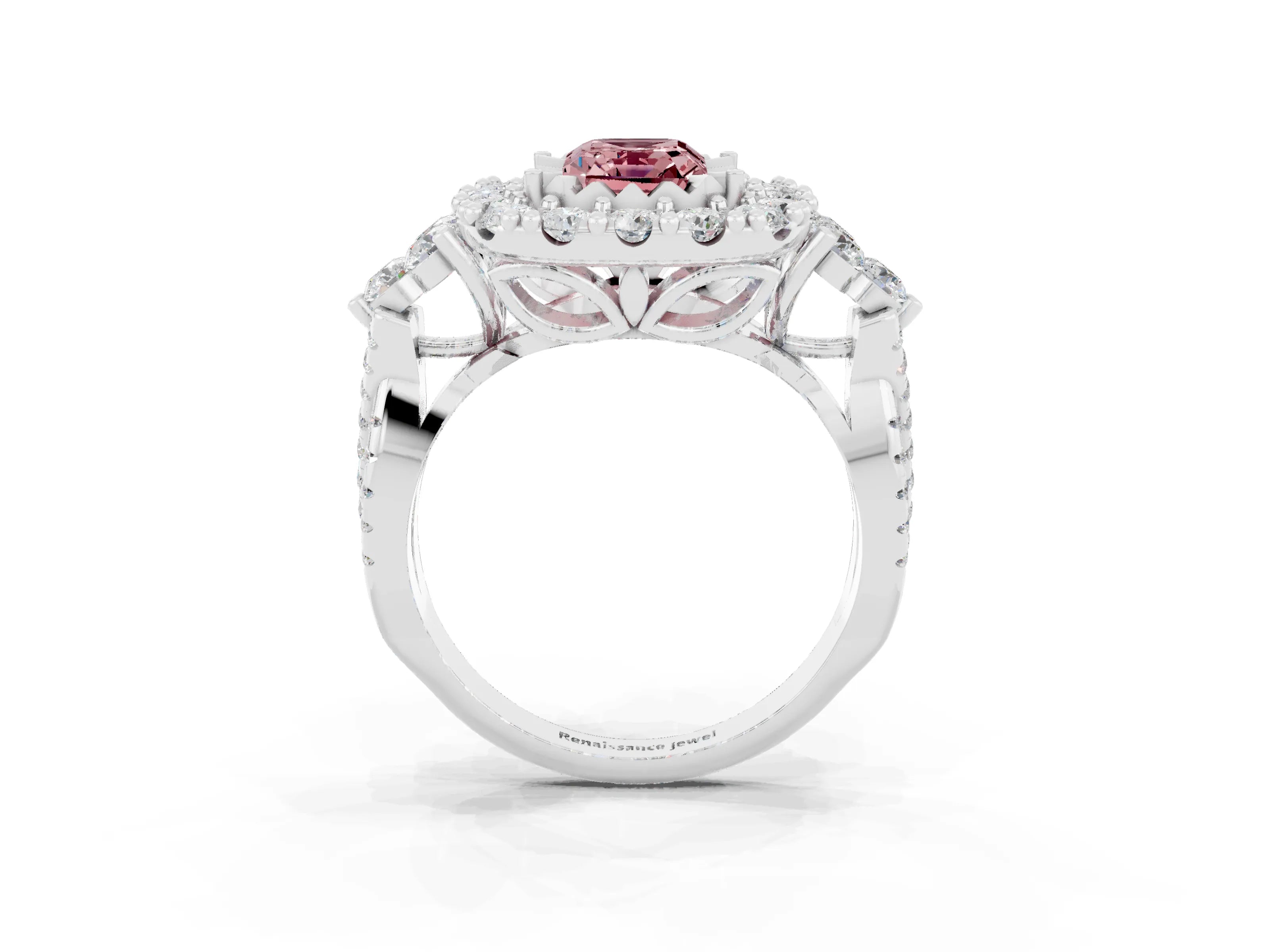 White gold Emerald Cut Morganite Halo Ring with Pavé Band and Four-Prong Setting_21
