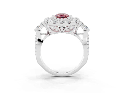 White gold Emerald Cut Morganite Halo Ring with Pavé Band and Four-Prong Setting_21