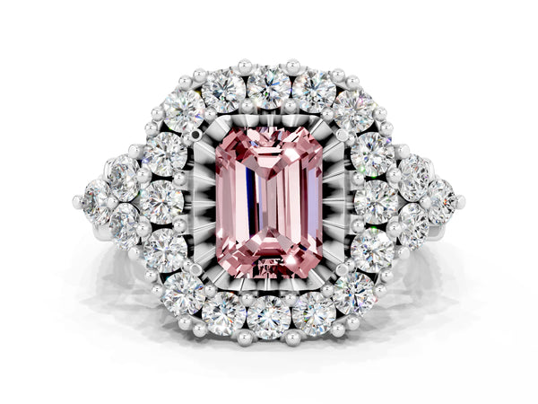 Platinum Emerald Cut Morganite Halo Ring with Pavé Band and Four-Prong Setting