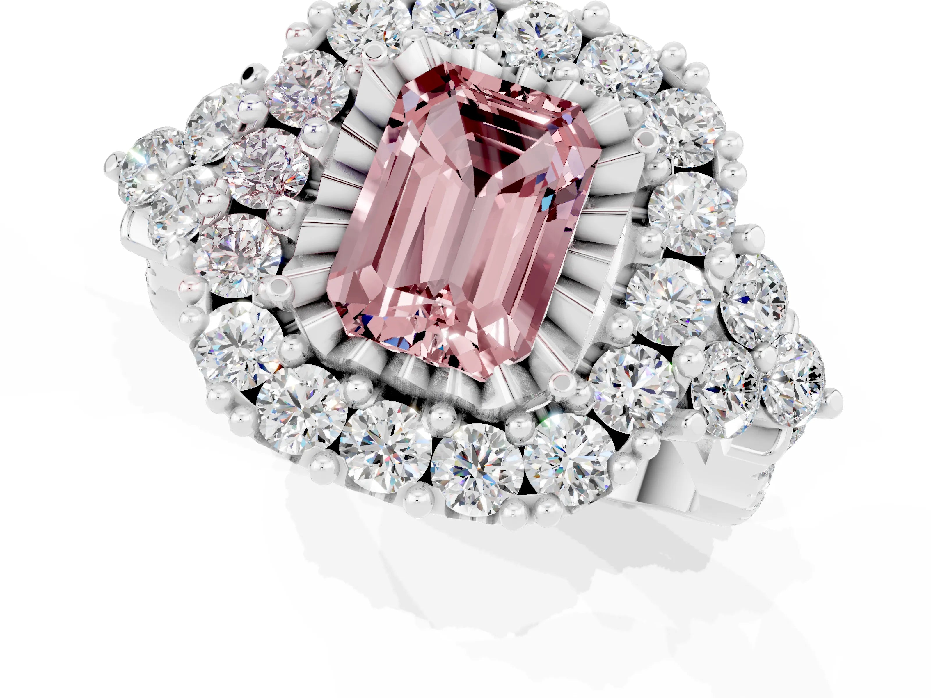 White gold Emerald Cut Morganite Halo Ring with Pavé Band and Four-Prong Setting_23