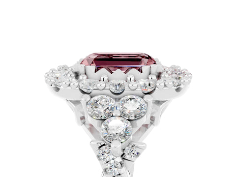 White gold Emerald Cut Morganite Halo Ring with Pavé Band and Four-Prong Setting_23