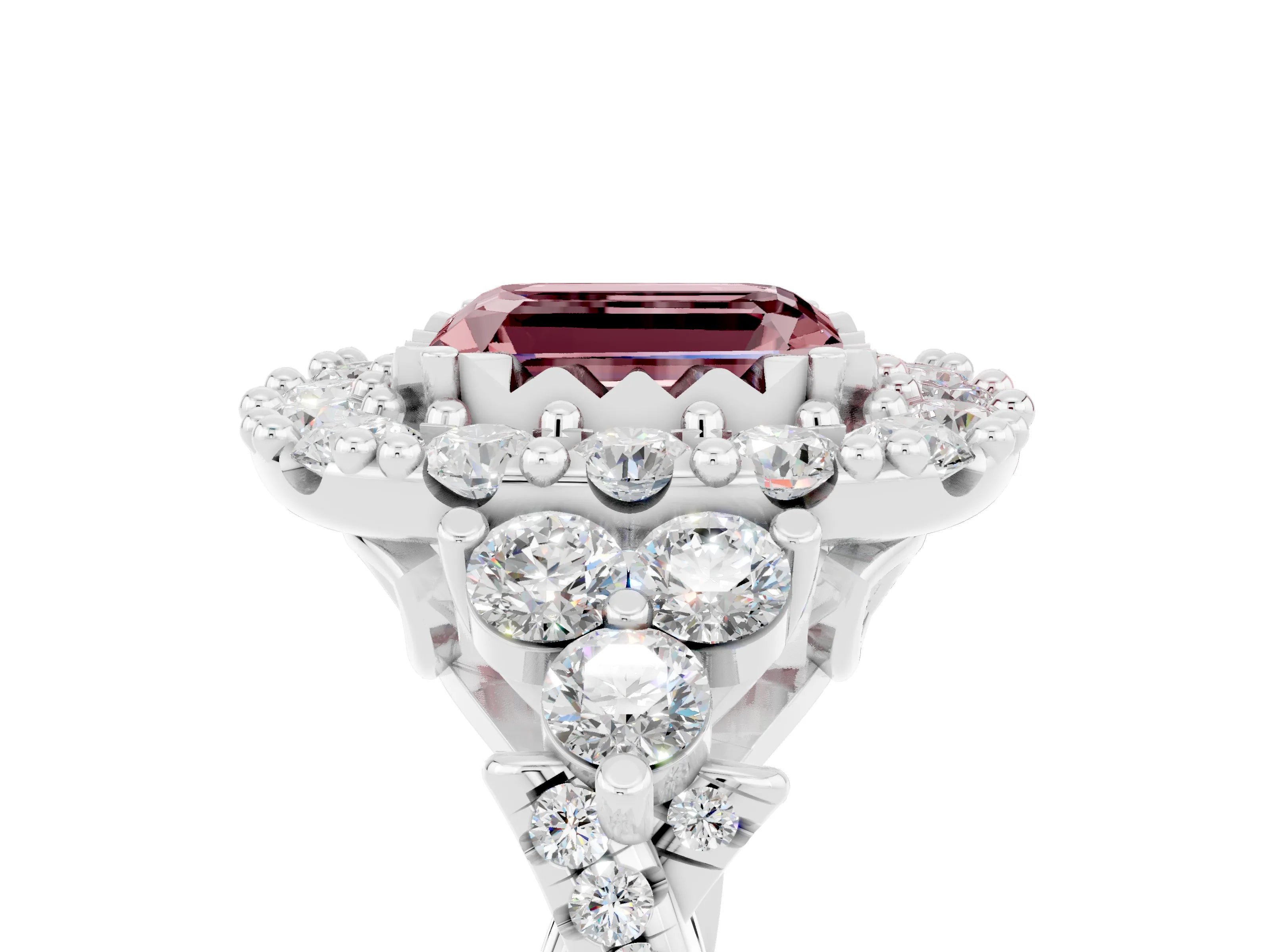 White gold Emerald Cut Morganite Halo Ring with Pavé Band and Four-Prong Setting_23