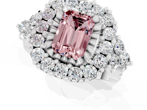 White gold Emerald Cut Morganite Halo Ring with Pavé Band and Four-Prong Setting_23